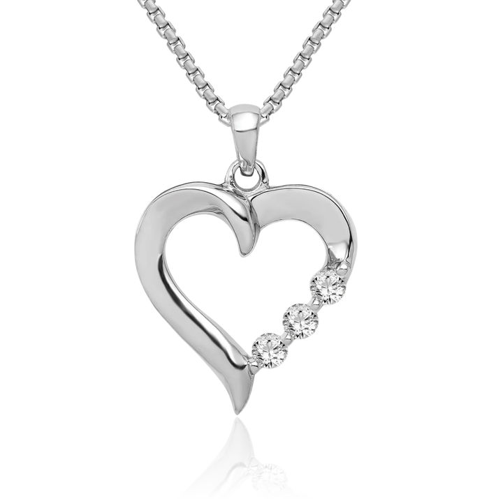 14K Solid White Gold 3 Stone Diamond Heart Necklace Love Pendant Charm