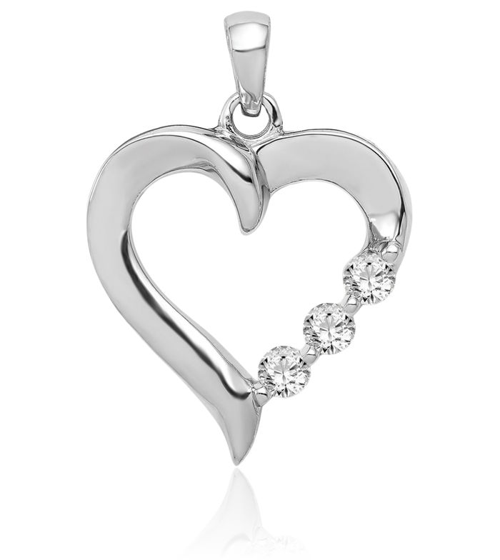 14K Solid White Gold Lab Diamond 3 Stone Heart Necklace Love Pendant Charm