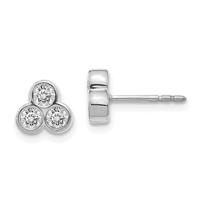 14K Solid White Gold 3 Stone Diamond Stud Earrings