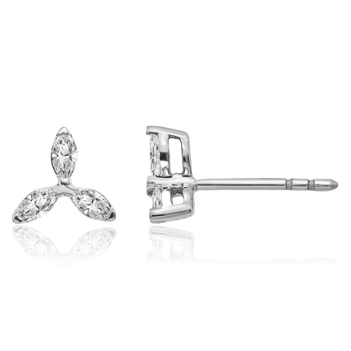 14K Solid White Gold 3 Stone Diamond Triangle Stud Earrings