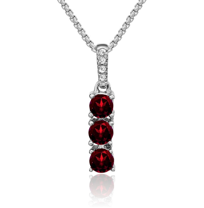 14K Solid White Gold 3 Stone Red Garnet Diamond Necklace Charm Gemstone Pendant