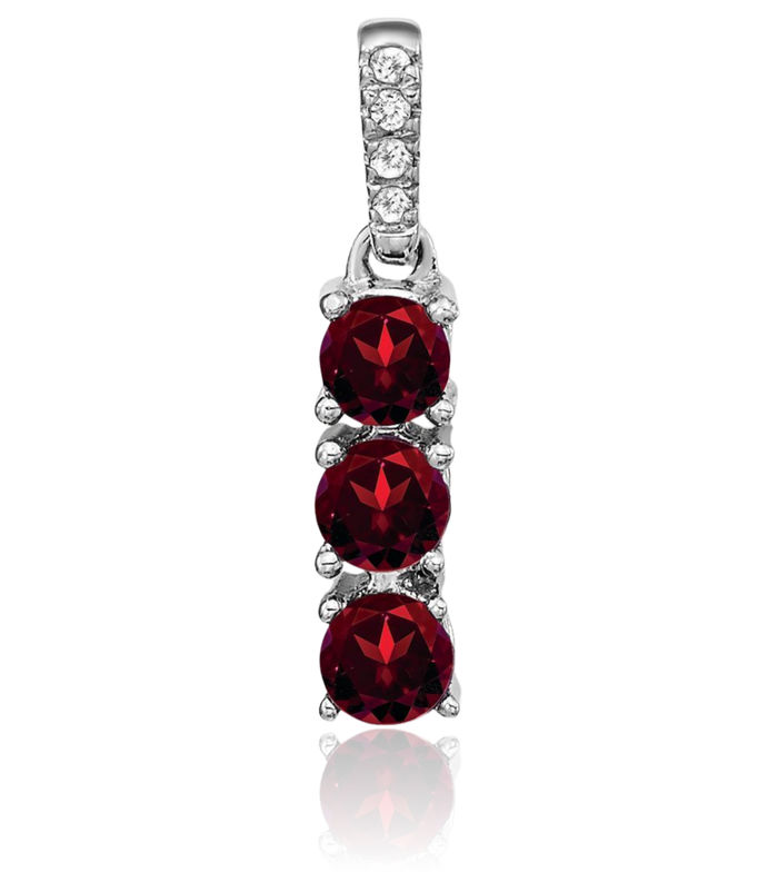 14K Solid White Gold 3 Stone Red Garnet Diamond Necklace Charm Gemstone Pendant