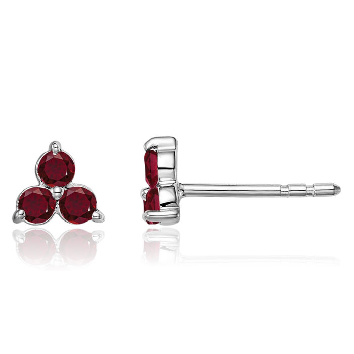 14K Solid White Gold 3 Stone Lab Red Ruby Triangle Stud Earrings July Birthstone Jewelry