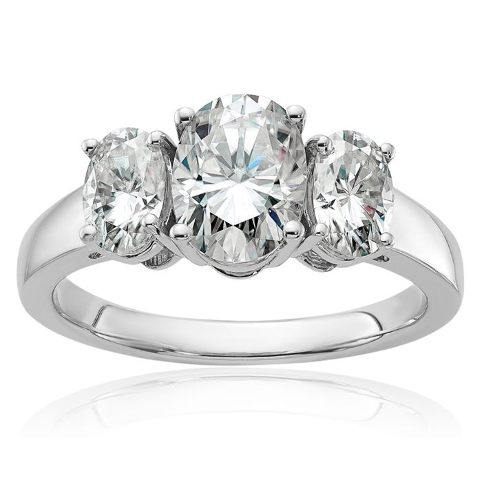 14K Solid White Gold 3 Stone Oval Moissanite Engagement Ring