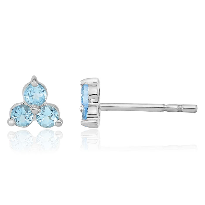 14K Solid White Gold 3 Stone Swiss Blue Topaz Triangle Stud Earrings December Birthstone Jewelry