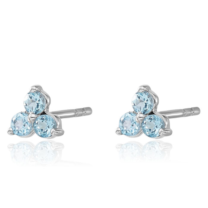 14K Solid White Gold 3 Stone Swiss Blue Topaz Triangle Stud Earrings December Birthstone Jewelry