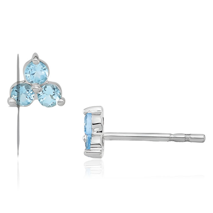 14K Solid White Gold 3 Stone Swiss Blue Topaz Triangle Stud Earrings December Birthstone Jewelry