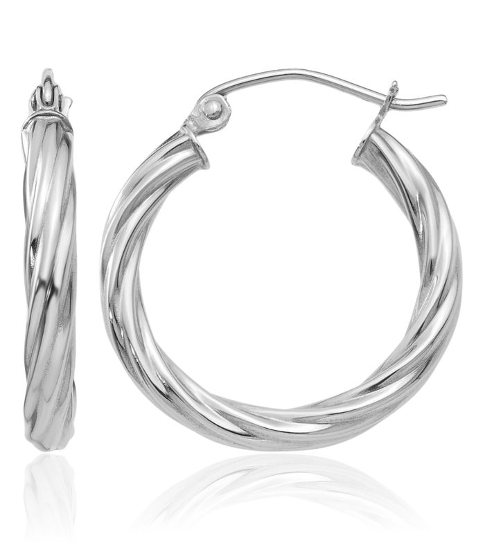 14K Solid White Gold 3.25mm Twisted Round Medium Hoop Earrings