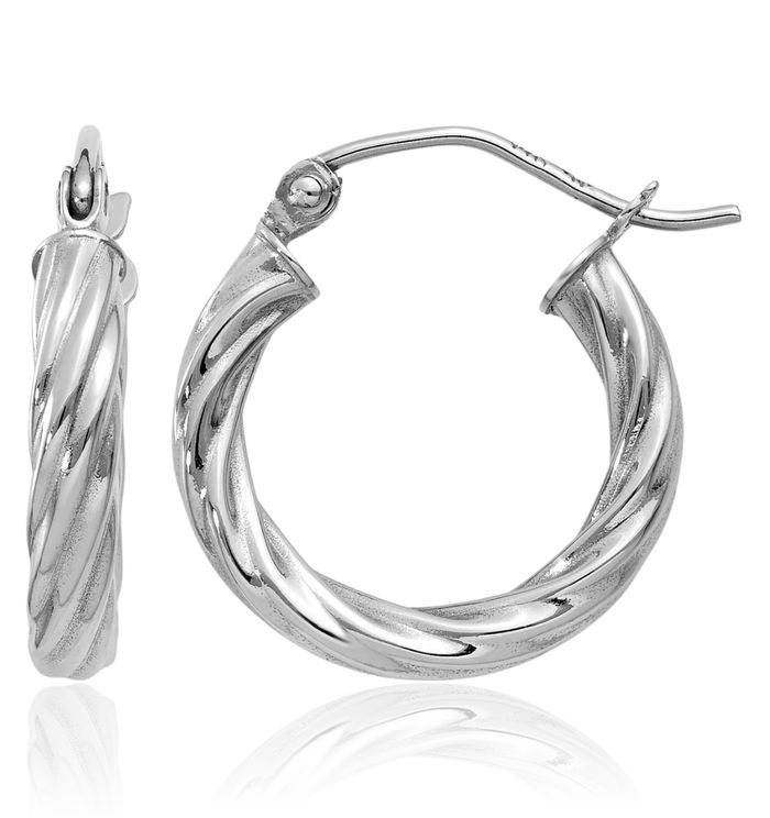 14K Solid White Gold 3.25mm Twisted Round Small Hoop Earrings