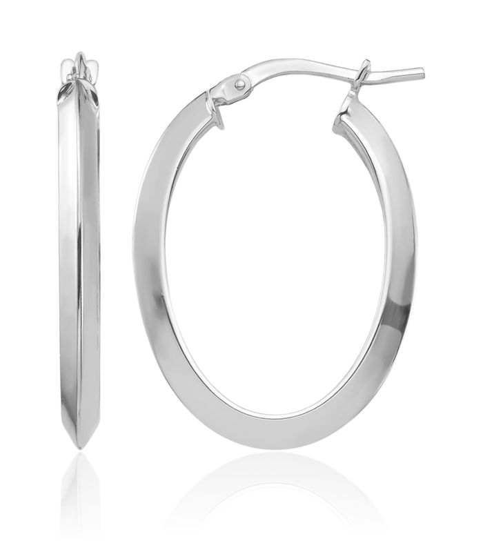 14K Solid White Gold 3.5mm Knife Edge Oval Medium Hoop Earrings