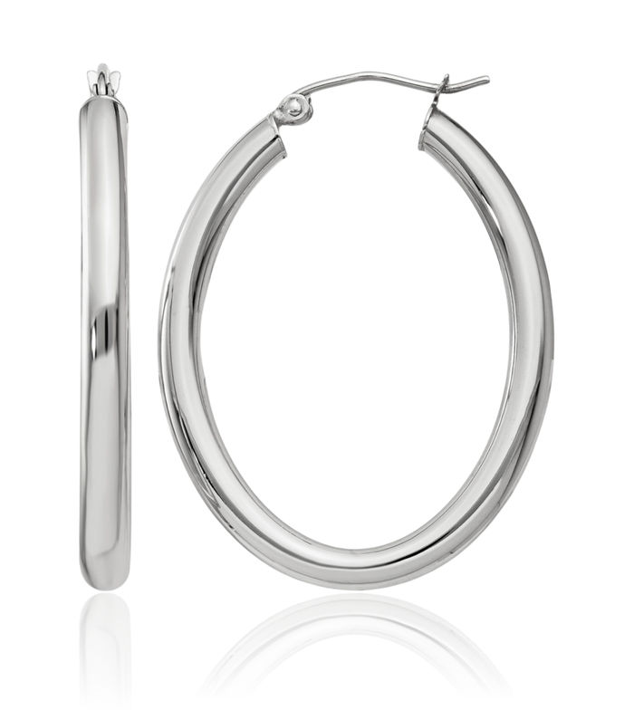 14K Solid White Gold 3.5mm Oval Tube Medium Hoop Earrings