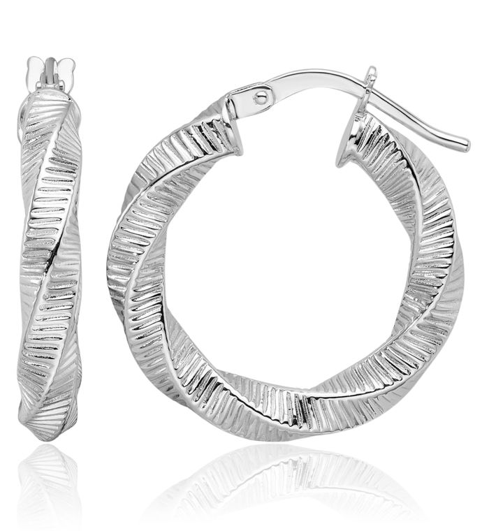 14K Solid White Gold 3.5mm Twisted Round Medium Hoop Earrings