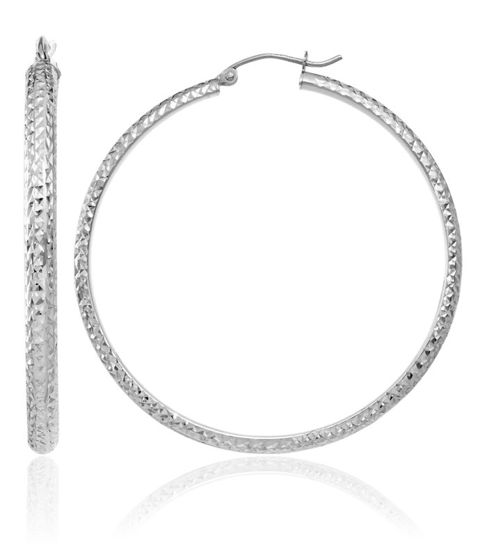 14K Solid White Gold 3.5x46mm Round Large Hoop Earrings