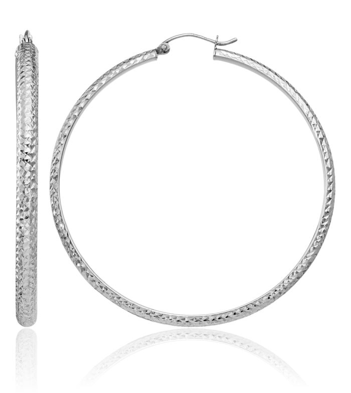 14K Solid White Gold 3.5x52mm Round Large Hoop Earrings