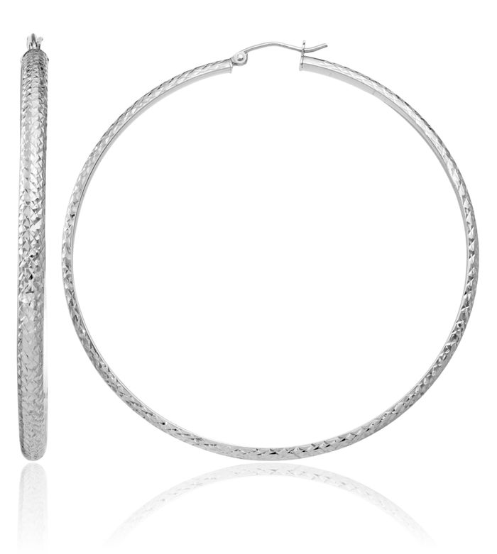 14K Solid White Gold 3.5x65mm Round Large Hoop Earrings