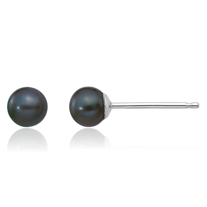 14K Solid White Gold 3mm Black Round Freshwater Cultured Pearl Stud Earrings