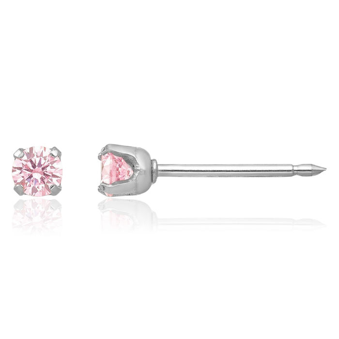 14K Solid White Gold 3mm Pink Cubic Zirconia CZ Stud Earrings