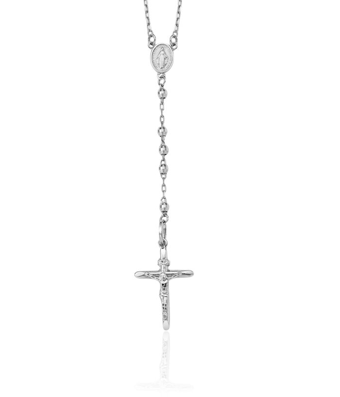 14K Solid White Gold 3mm Rosary Bead Necklace Chain