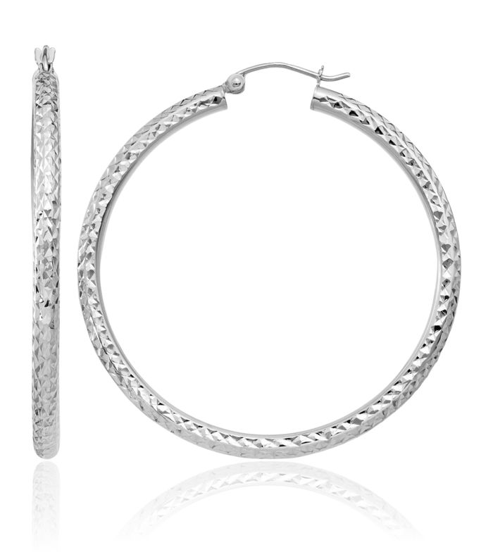 14K Solid White Gold 3mm Round Large Hoop Earrings