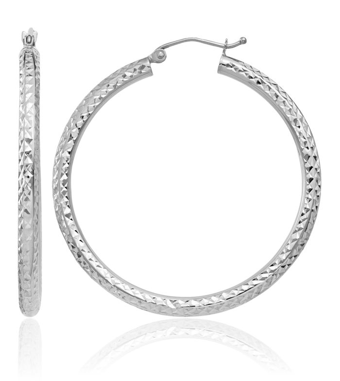 14K Solid White Gold 3mm Round Large Hoop Earrings