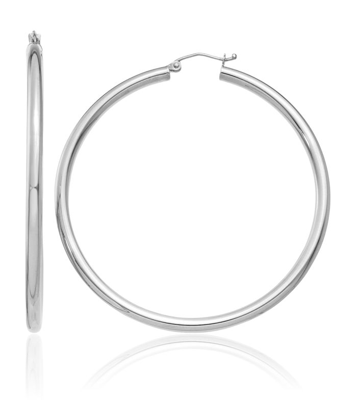 14K Solid White Gold 3mm Tube Round Large Hoop Earrings