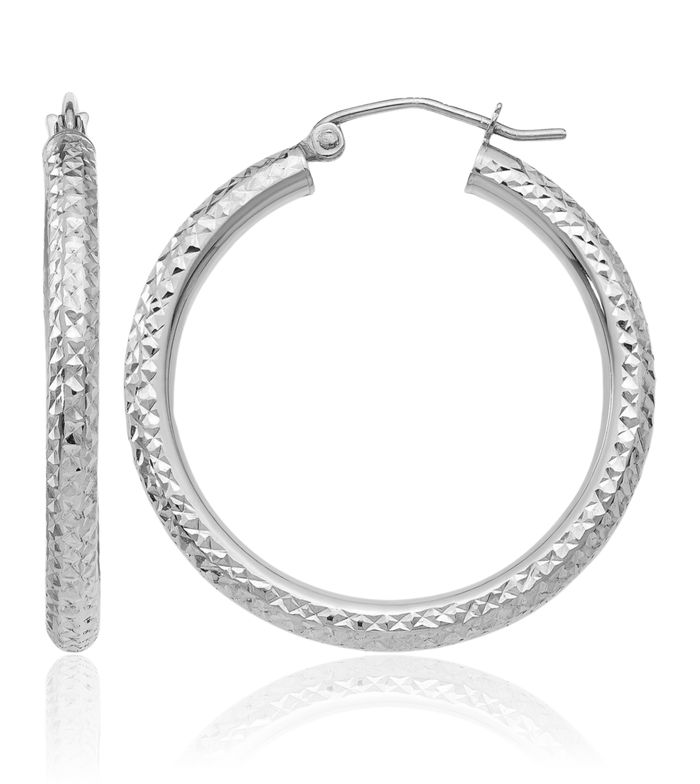 14K Solid White Gold 3mm Round Medium Hoop Earrings