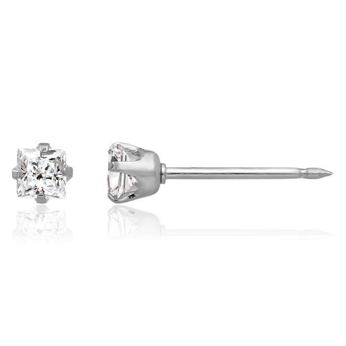 14K Solid White Gold 3mm Square Cubic Zirconia CZ Stud Earrings