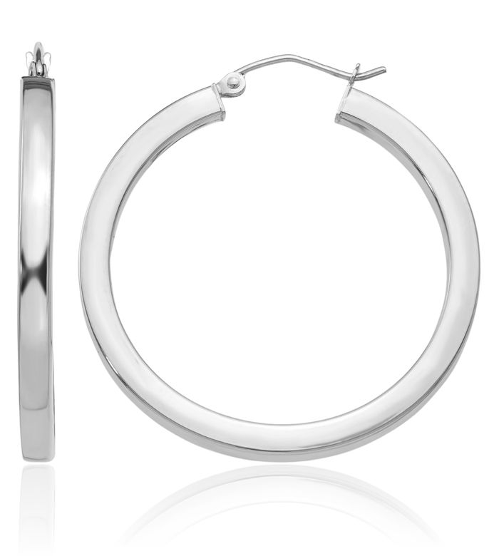 14K Solid White Gold 3mm Square Tube Round Medium Hoop Earrings