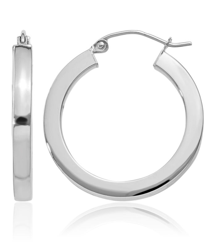 14K Solid White Gold 3mm Square Tube Round Medium Hoop Earrings