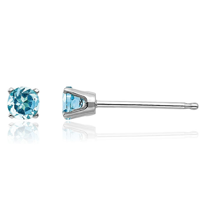 14K Solid White Gold 3mm Swiss Blue Topaz Studs Gemstone Solitaire Earrings December Birthstone Jewelry