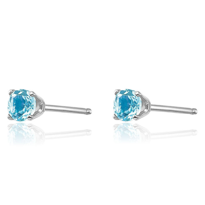 14K Solid White Gold 3mm Swiss Blue Topaz Studs Gemstone Solitaire Earrings December Birthstone Jewelry