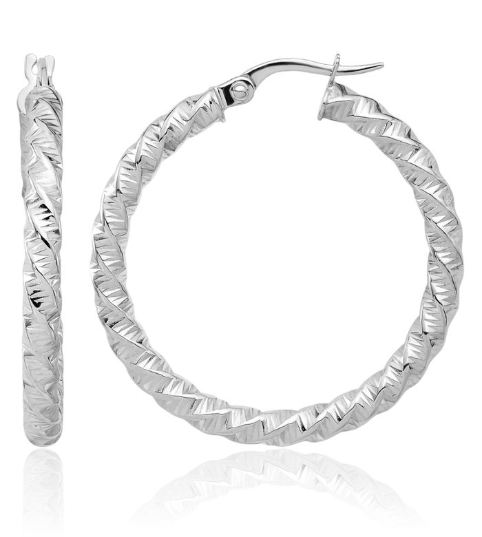 14K Solid White Gold 3mm Twisted Round Medium Hoop Earrings