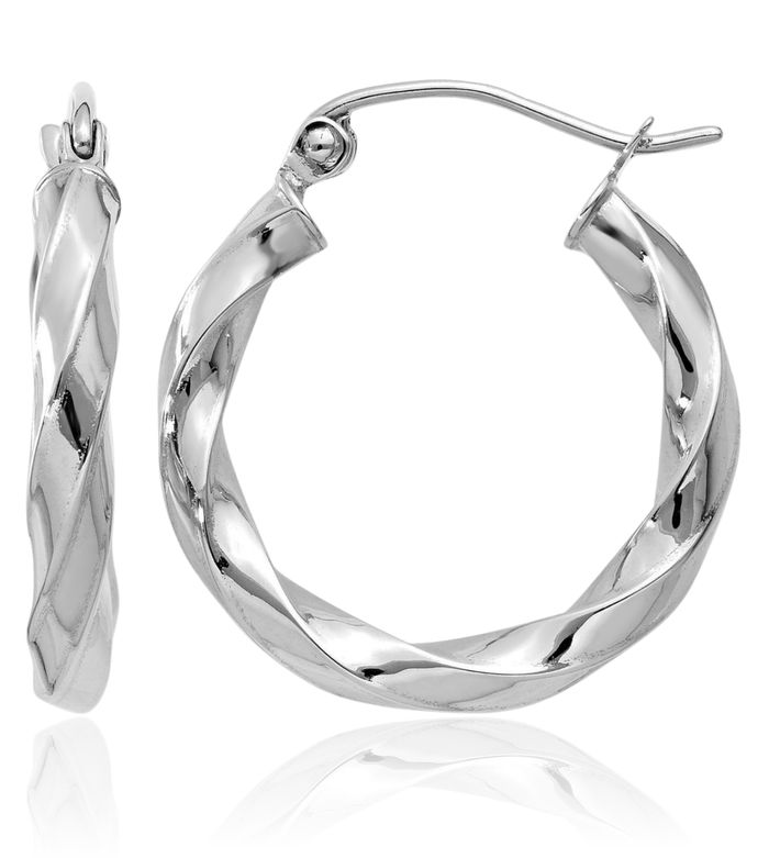 14K Solid White Gold 3mm Twisted Round Medium Hoop Earrings