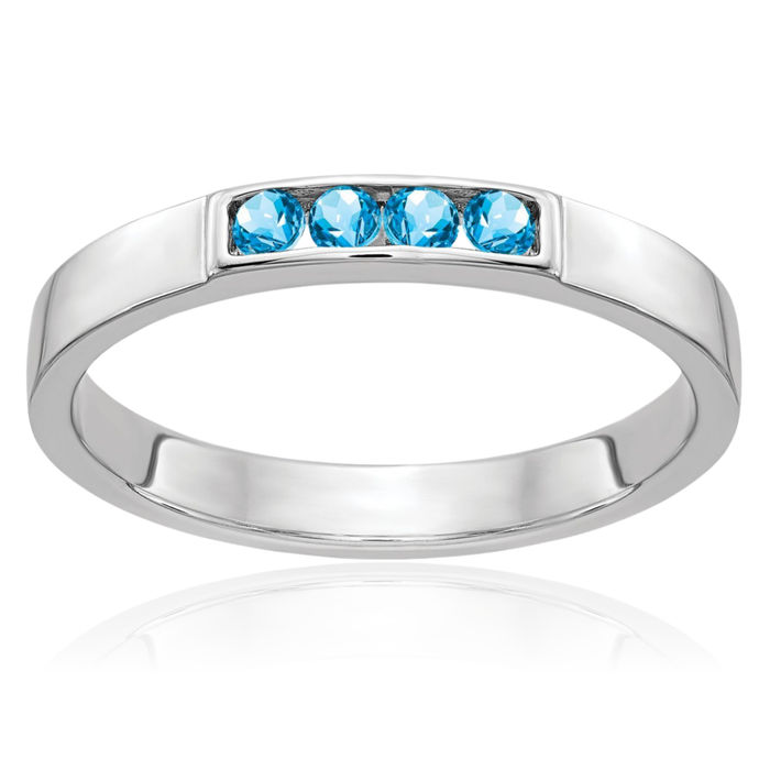 14K Solid White Gold 4 Stone Swiss Blue Topaz Ring Gemstone Band December Birthstone Jewelry