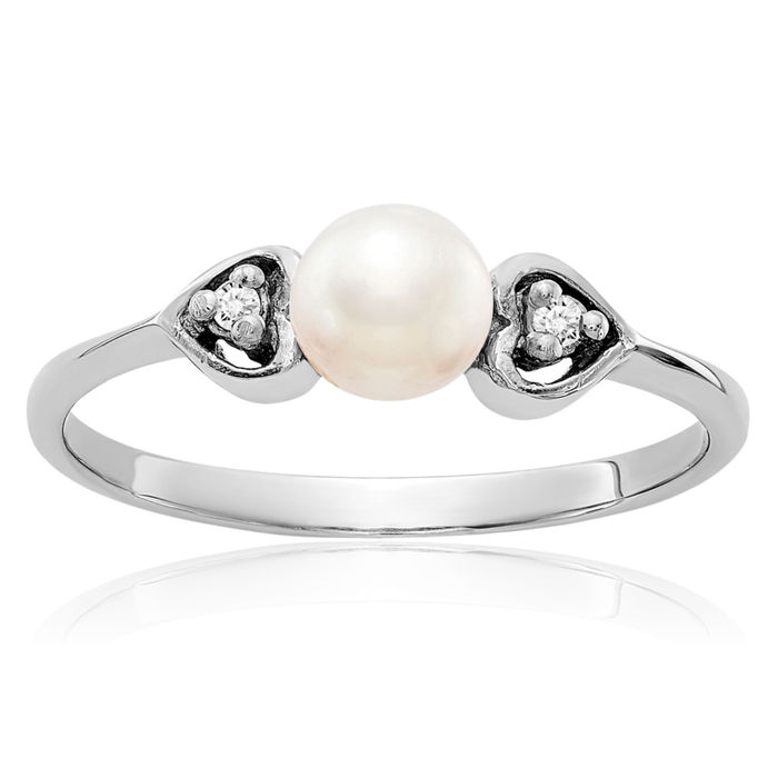 14K Solid White Gold 4.5mm Freshwater Cultured Pearl Diamond Ring