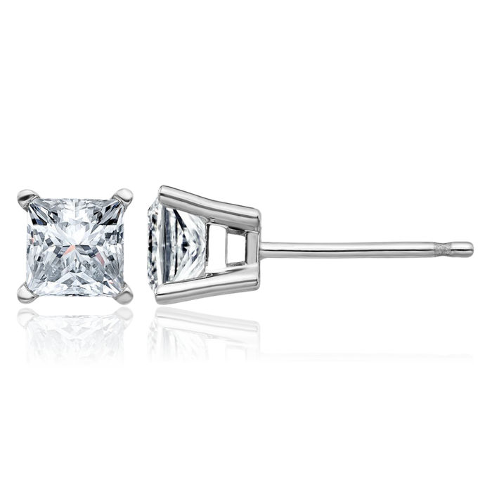 14K Solid White Gold 4.5mm Princess-Cut Square Solitaire Moissanite Stud Earrings