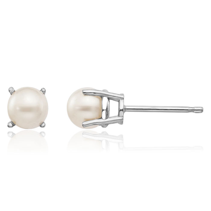 14K Solid White Gold 4.5mm Round Freshwater Cultured Pearl Studs Gemstone Solitaire Earrings June Birthstone Jewelry