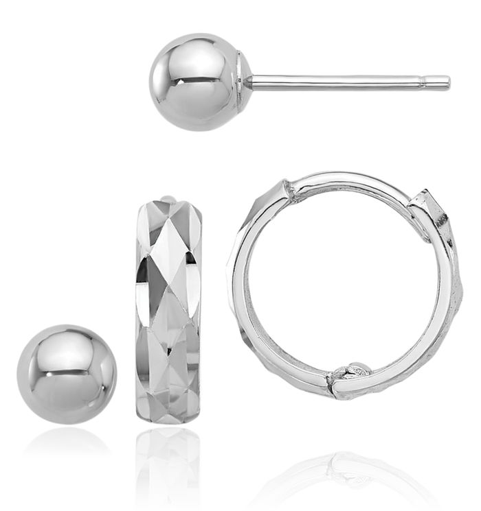 14K Solid White Gold 4mm Ball Hoop Stud Earrings Set