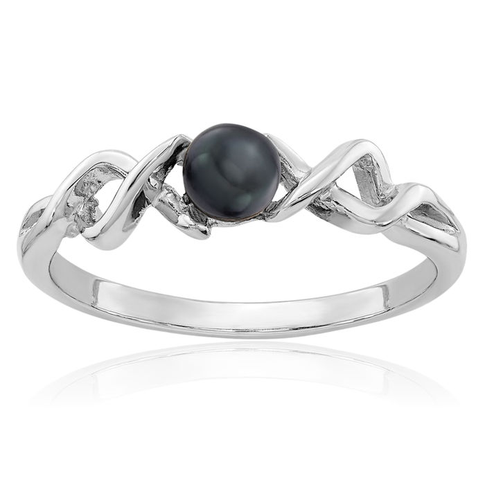 14K Solid White Gold 4mm Black Freshwater Cultured Pearl Statement Ring