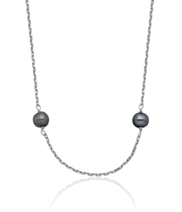 14K Solid White Gold 4mm Black Near Round Freshwater Cultured Pearl 8 Station Necklace Chain