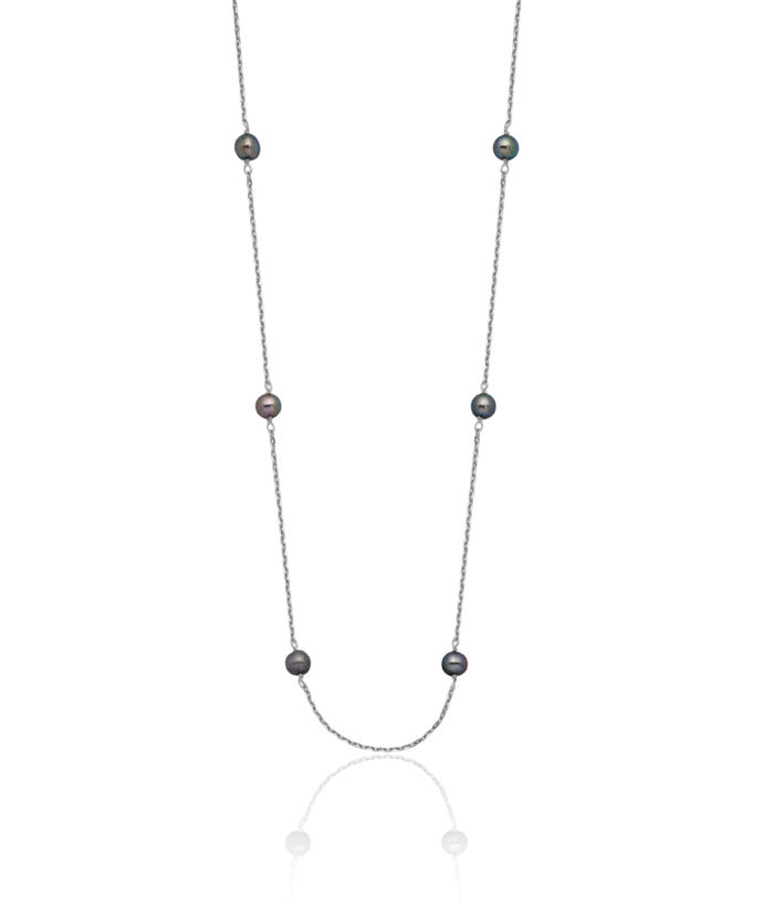 14K Solid White Gold 4mm Black Near Round Freshwater Cultured Pearl 8 Station Necklace Chain