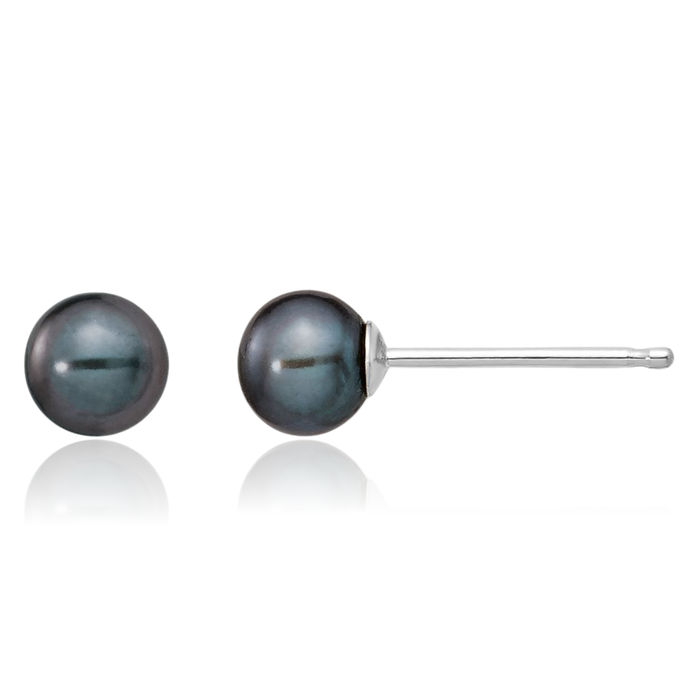 14K Solid White Gold 4mm Black Round Freshwater Cultured Pearl Stud Earrings