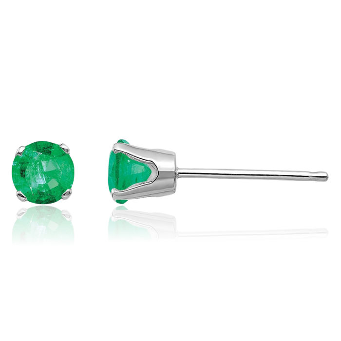 14K Solid White Gold 4mm Green Emerald Studs Gemstone Solitaire Earrings May Birthstone Jewelry