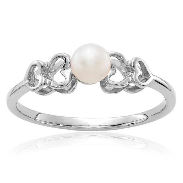 14K Solid White Gold 4mm Freshwater Cultured Pearl Statement Ring