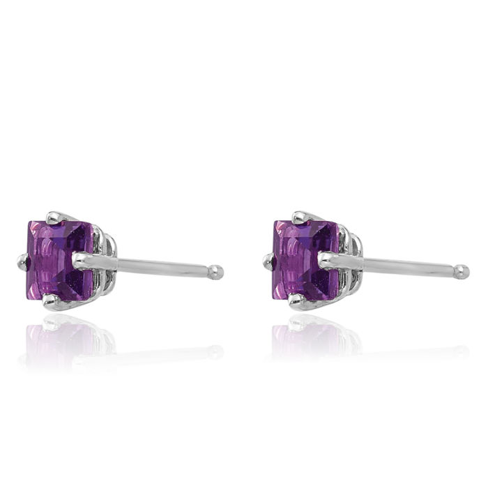 14K Solid White Gold 4mm Princess-Cut Square Purple Amethyst Studs Gemstone Solitaire Earrings February Birthstone Jewelry