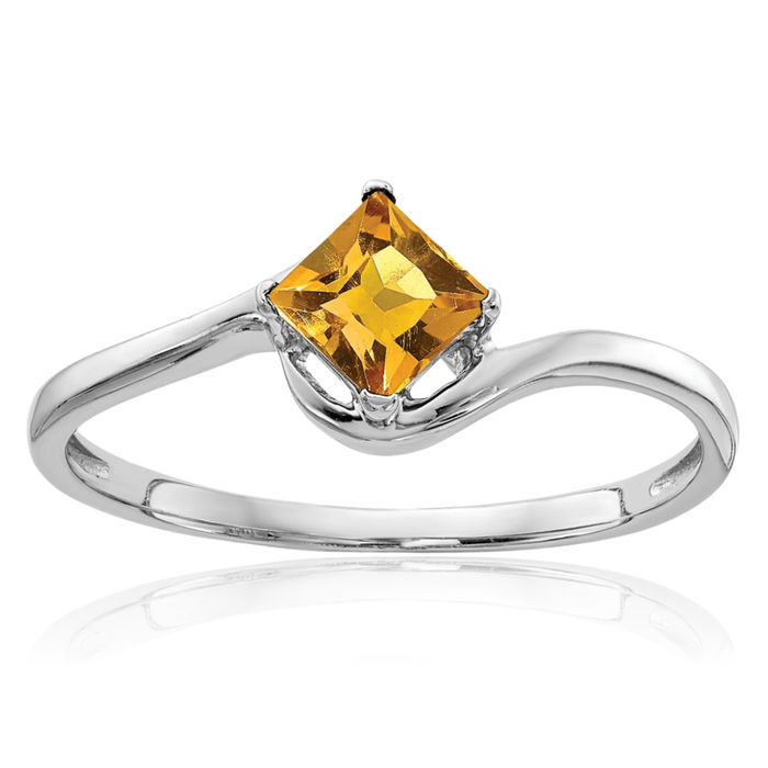 14K Solid White Gold 4mm Princess-Cut Square Yellow Orange Citrine Solitaire Ring Gemstone Band November Birthstone Jewelry