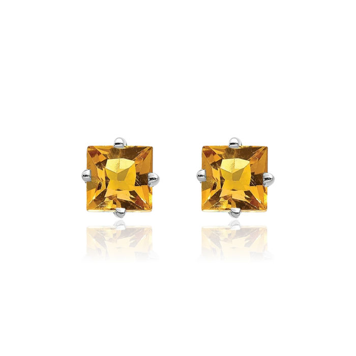 14K Solid White Gold 4mm Princess-Cut Square Yellow Orange Citrine Studs Gemstone Solitaire Earrings November Birthstone Jewelry