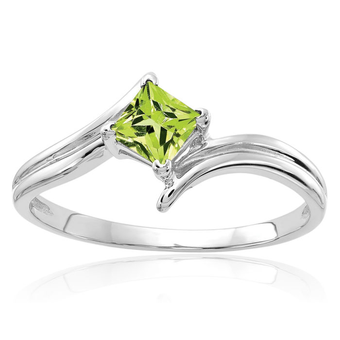 14K Solid White Gold 4mm Princess-Cut Square Green Peridot Ring Gemstone Band August Birthstone Jewelry