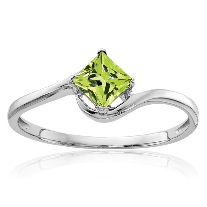 14K Solid White Gold 4mm Princess-Cut Square Green Peridot Solitaire Ring Gemstone Band August Birthstone Jewelry