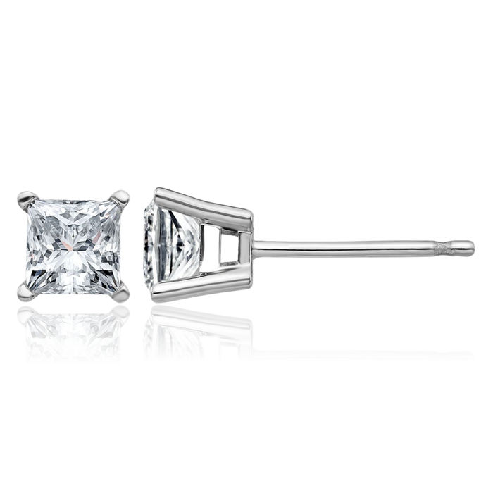 14K Solid White Gold 4mm Princess-Cut Square Solitaire Moissanite Stud Earrings